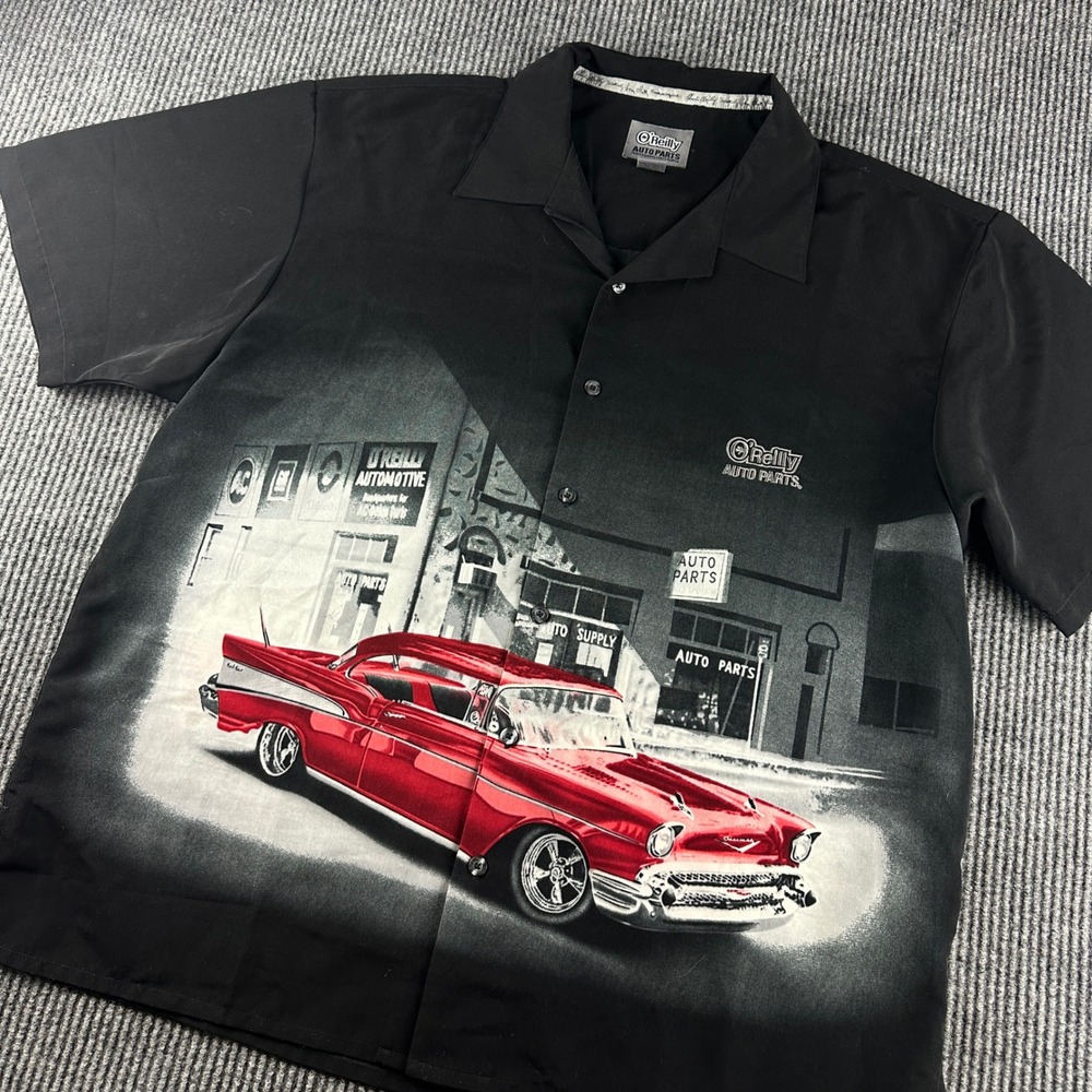 O'Reilly Auto Parts Mens XL Black 1957 Chevy Bel Air Graphic Button Down Shirt
